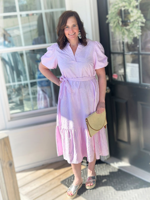 Pink Stripe Midi Dress w/ Embroidery Detail