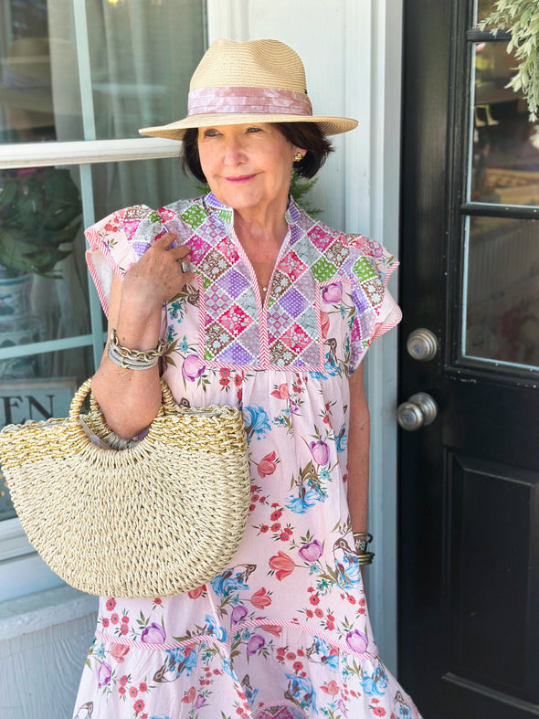 Pink Patchwork Garden Midi Dress