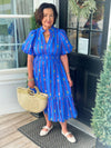 Blue Smocked Waist Puff Sleeve Midi Dress