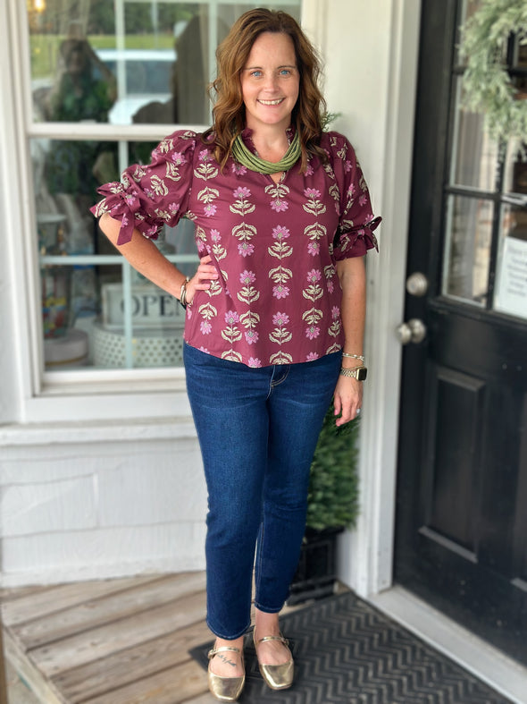 Burgundy Floral Puff Sleeve Top