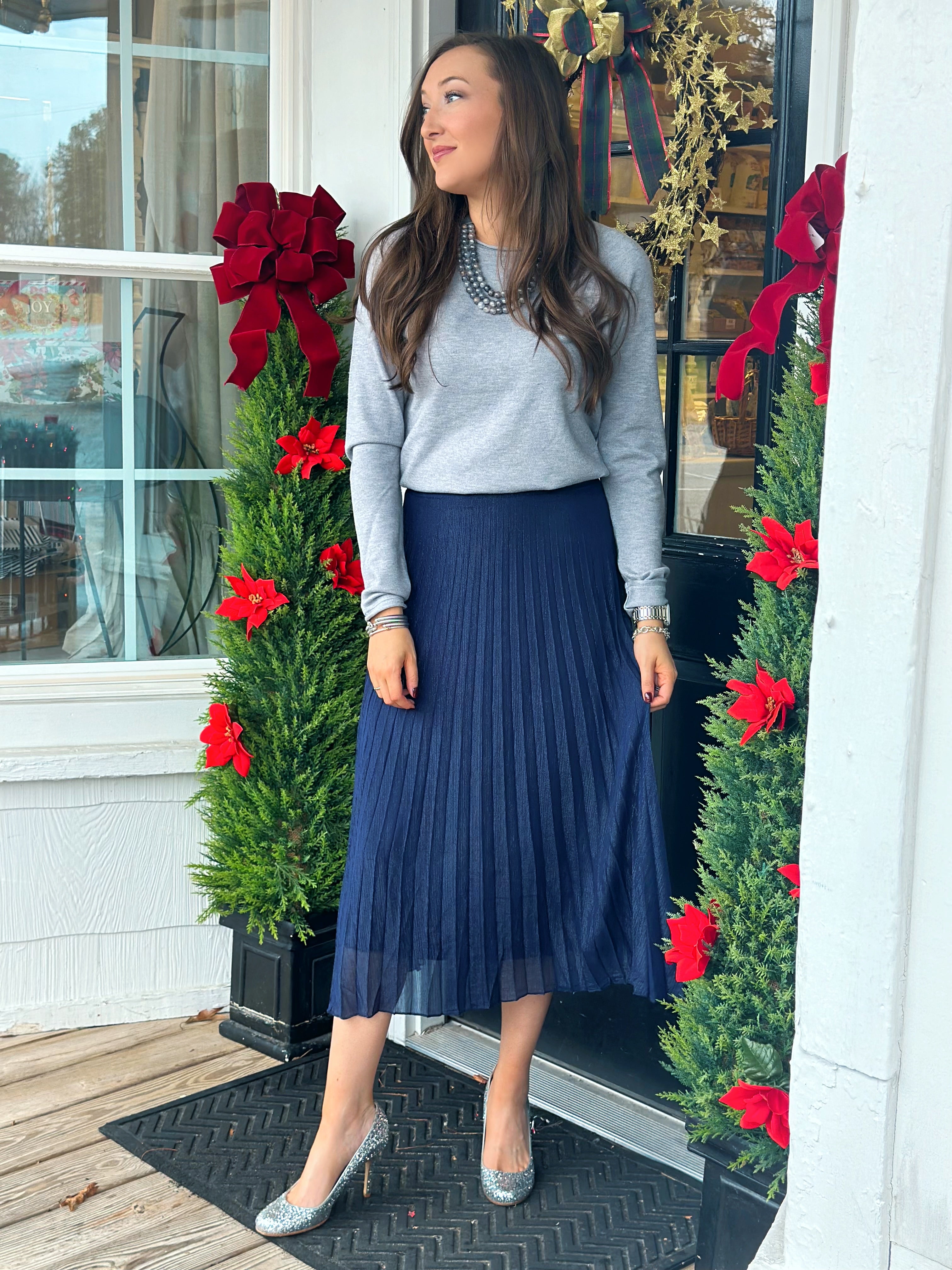 Navy Metallic Pleated Midi Skirt - Navy Metallic Pleated Midi Skirt -