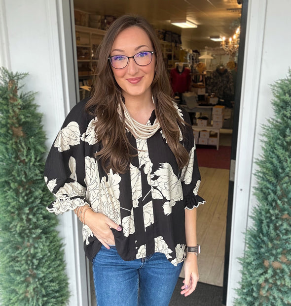 Black Peony Print High Neck Top