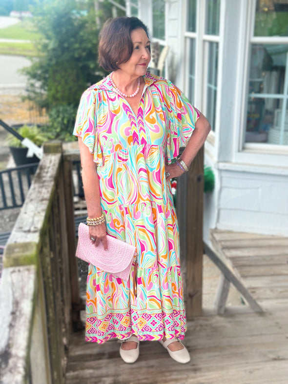 Pink Boho Swirl Midi Dress