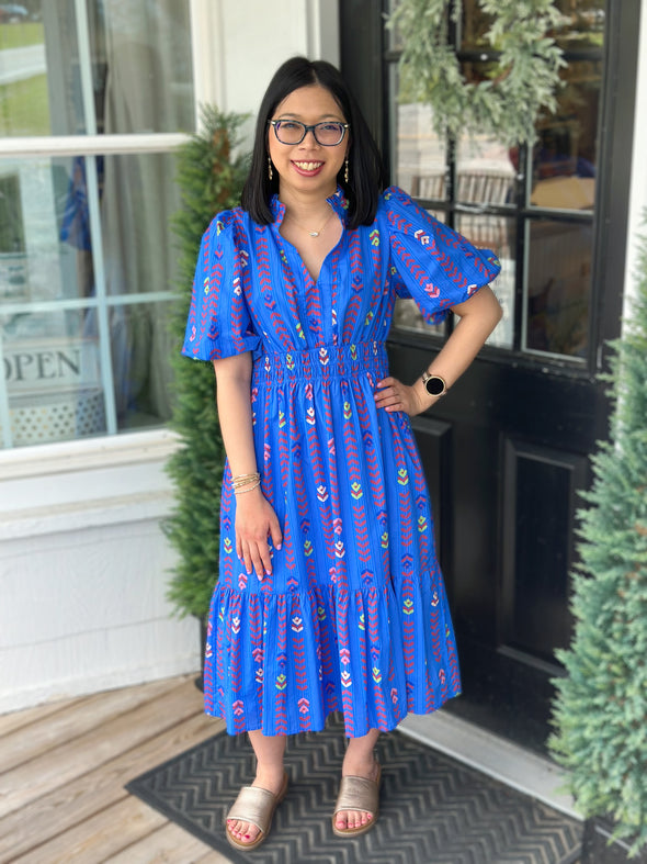 Blue Smocked Waist Puff Sleeve Midi Dress