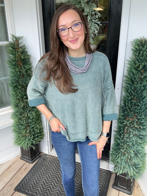Ash Jade Washed 3/4 Sleeve Boxy Sweater