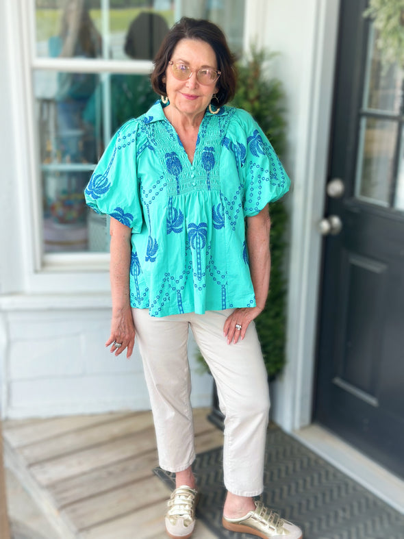 Mint Boho Blouse w/ Cobalt Palm Tree Embroidery