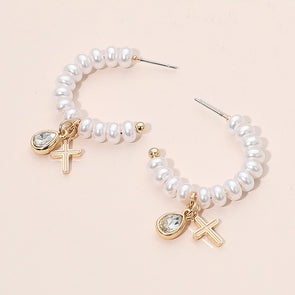 Cross Charm Pearl  Open Hoop Earrings