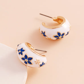 Blue and White Enamel Flower Patterned Mini Hoop Earrings