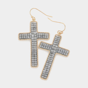 Grey Beaded Cross Earrings