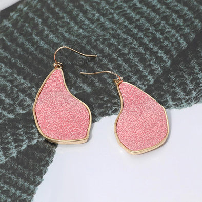 Pink Faux Leather Metal Teardrop Dangle Earrings