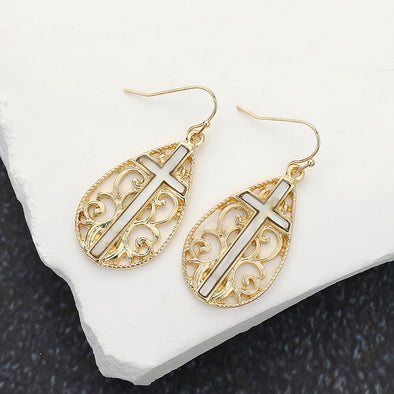 Cross Centered Filigree Teardrop Dangle Earrings (Silver & Gold)