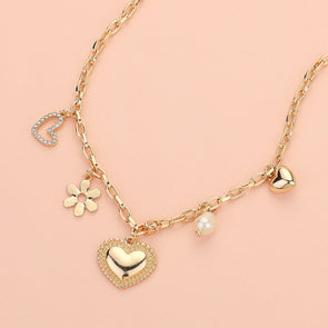 Heart Flower Pearl Charm Station Necklace