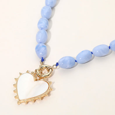 Mother of Pearl Heart Pendant Blue Beaded Necklace