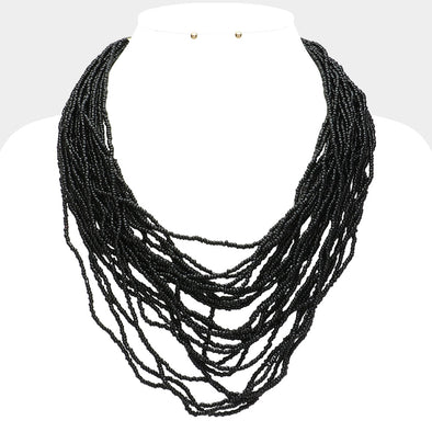 Black Seed Beaded Multi Layered Strand Necklace