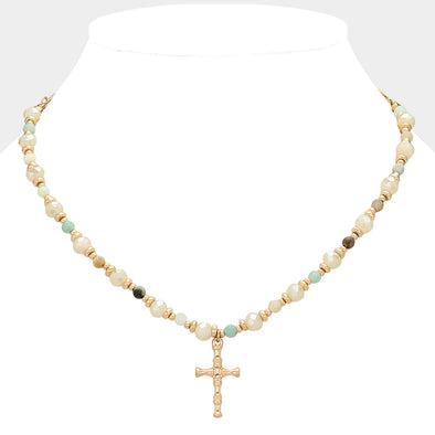 Amazonite Beaded Metal Cross Pendant Necklace