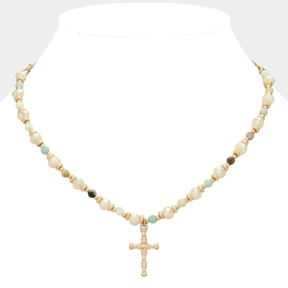 Amazonite Beaded Metal Cross Pendant Necklace