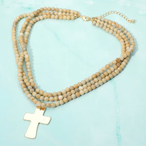 Beige Layered Beaded Necklace w/ Cross