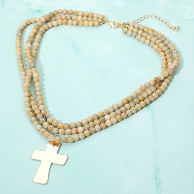 Beige Layered Beaded Necklace w/ Cross