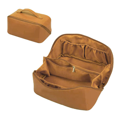 Camel Faux Leather Accordion Style Cosmetic Pouch Bag