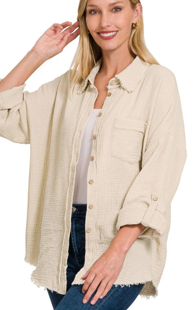 Sand Beige Washed Double Gauze Button Down
