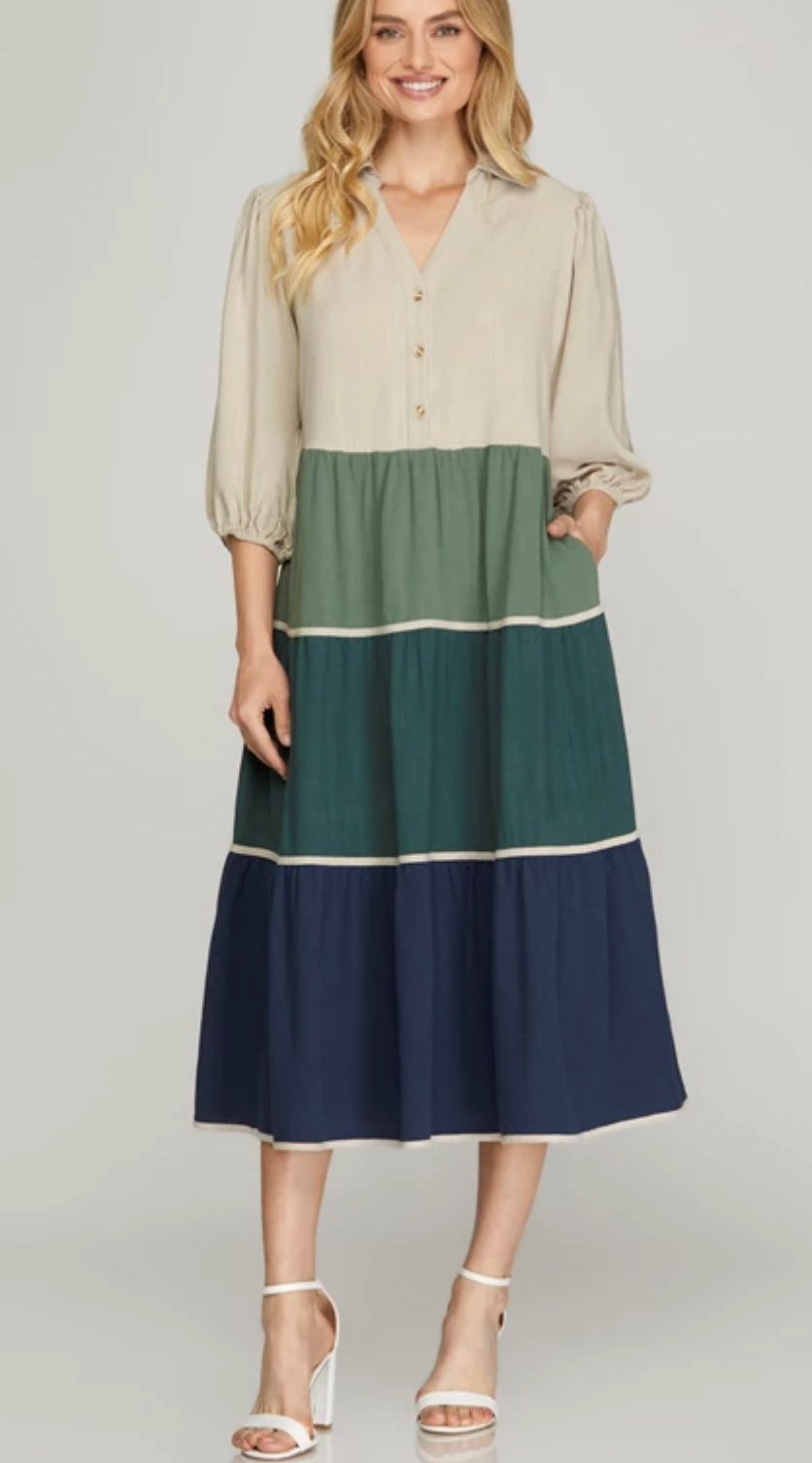 Green Color Block Midi Dress w/ Pockets Grace At Home Treasures Green Color Block Midi Dress w/ Pockets Grace At Home Treasures