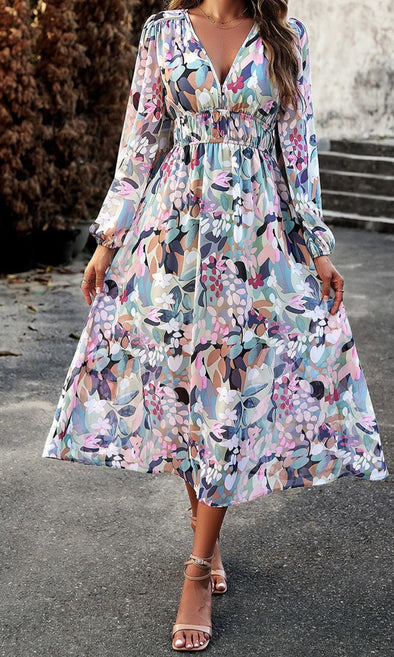 Spring Watercolor Floral A Line Dress