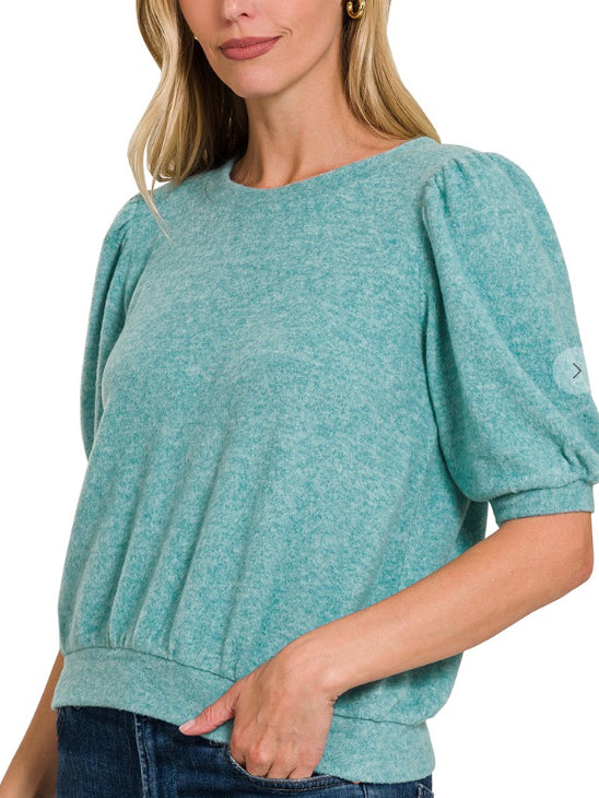 Dusty Teal Brushed Melange Short Sleeve Sweater