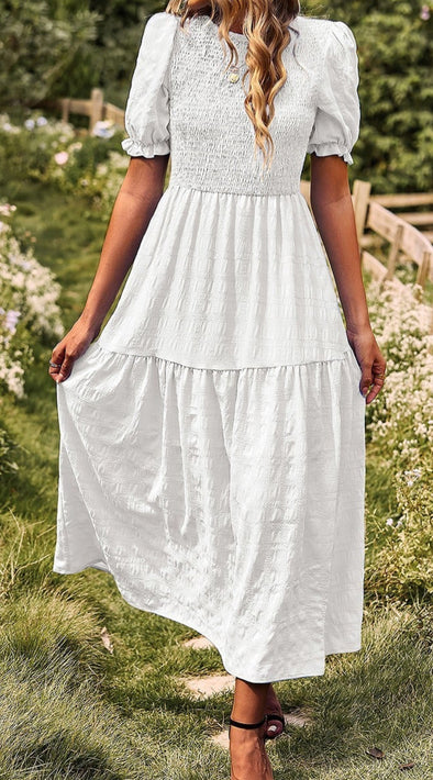 White Textured Puff Sleeve Midi Dress – Grace At Home Treasures White Textured Puff Sleeve Midi Dress – Grace At Home Treasures