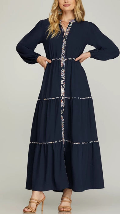 Navy L/S Maxi Dress W/ Pockets