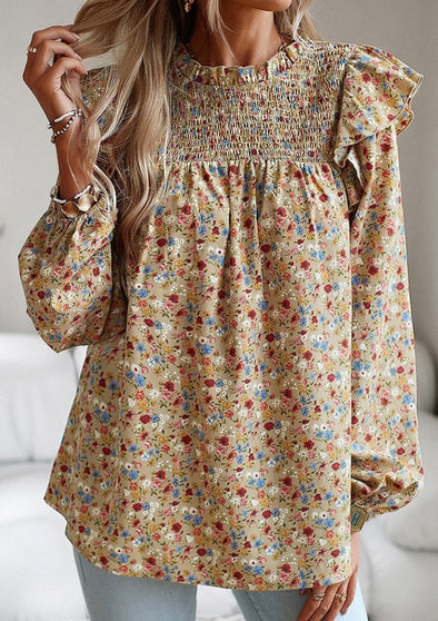 Beige Ditsy Floral Smocked Shoulder Blouse