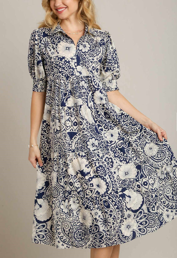 Navy Paisley Tiered Midi Dress