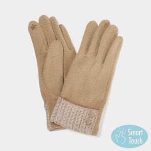 Tan Knit Texture Button Deco Smart Touch Gloves