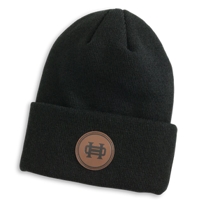Black Leather Patch Beanie (Heybo)