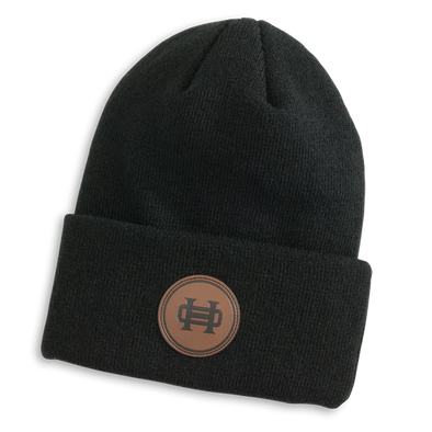 Black Leather Patch Beanie (Heybo)