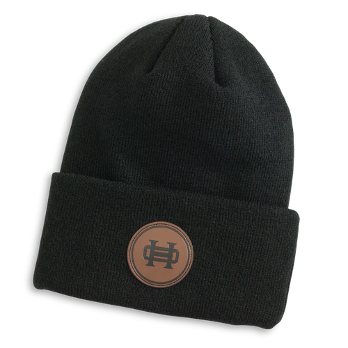 Black Leather Patch Beanie (Heybo)
