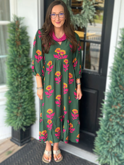 Green Floral Maxi Dress w/ Bubble Sleeve