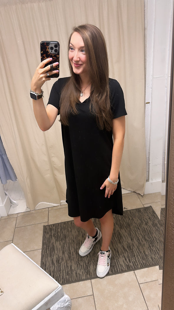 black v neck t shirt dress Black V Neck T-Shirt Dress Scallop Rib
