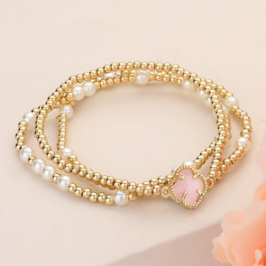 3PCS - Quatrefoil Pointed Pearl Metal Ball Beaded Stretch Multi Layered Bracelets (Pink)