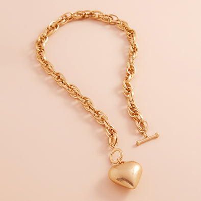 Brushed Gold Puffy Heart Necklace