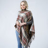 Reversible Leopard Tan Plaid Check Patterned Tassel Poncho