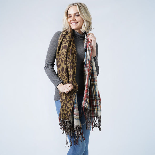 Reversible Leopard Tan Plaid Check Patterned Tassel Poncho
