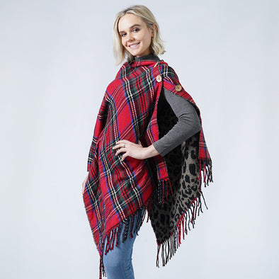 Reversible Leopard Red Plaid Check Patterned Tassel Poncho