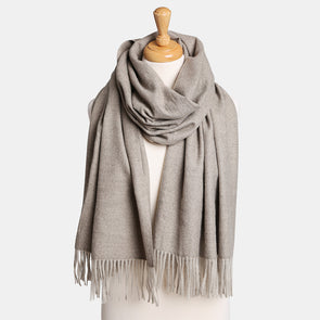 Grey Solid Oblong Scarf with Tassels