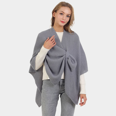 Grey Solid Knit Pull Through Cape Poncho