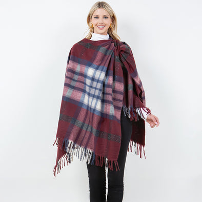 Burgundy Plaid Fringe Poncho Shawl Wrap