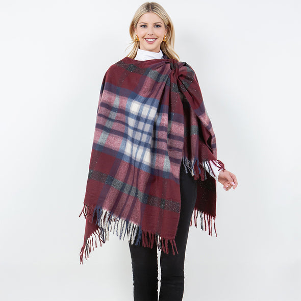 Burgundy Plaid Fringe Poncho Shawl Wrap