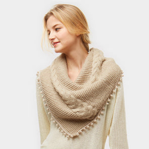 Beige Pom Pom Infinity Scarf