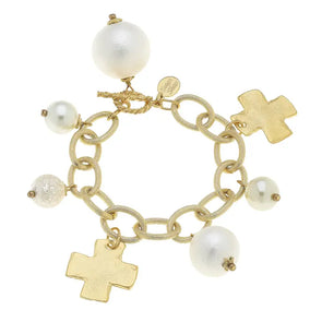 Gold Cross and Cotton Pearl Charm Bracelet