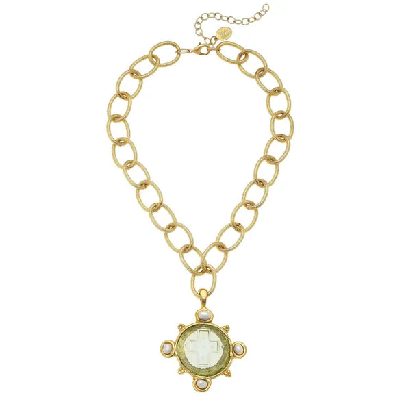 Clear Venetian Glass Cross Intaglio and Genuine Freshwater Pearls On Chain Necklace