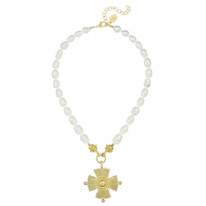 Gold Cross Necklace On Freshwater Pearl